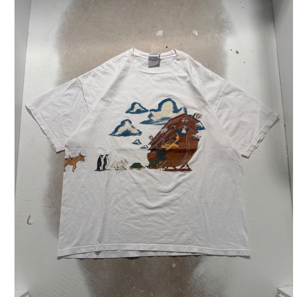 Vintage Gopher Sport Noahs Ark T Shirt XL White Made in USA Animals 90s Wrap